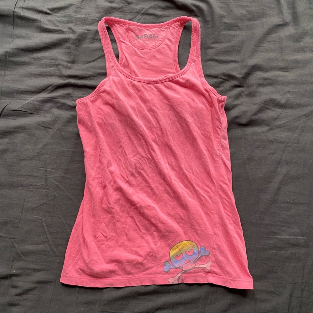 Garage Pink Racerback Tank with Heart-Eye Skull Graphic